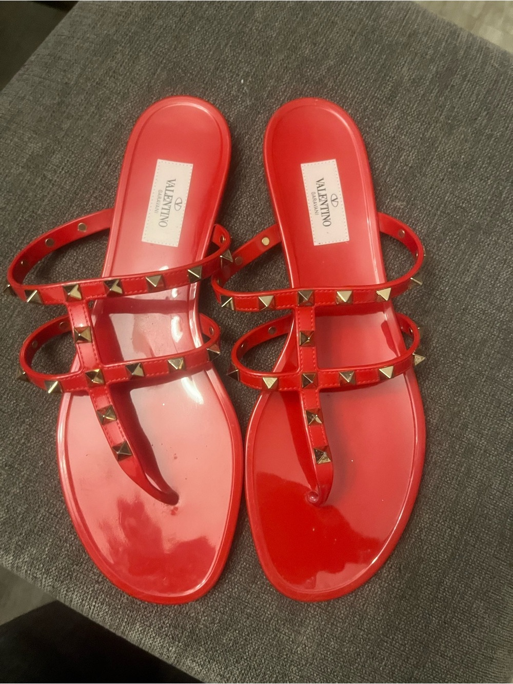 Valentino Red Jelly Slide Sandals with Gold Rockstuds